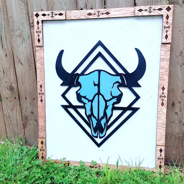 Aztec Framed Cow Skull Sign